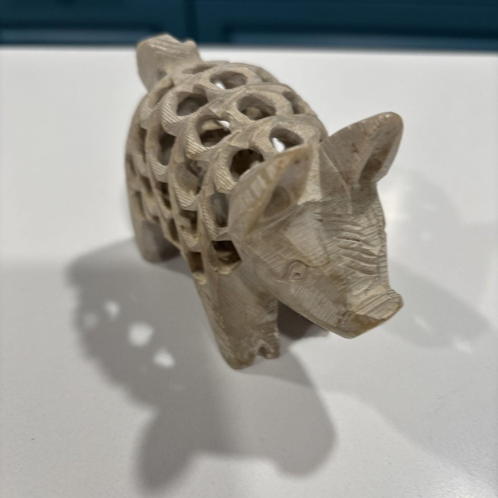 Hand carved Soapstone Pig With "Jali" Openwork Carving